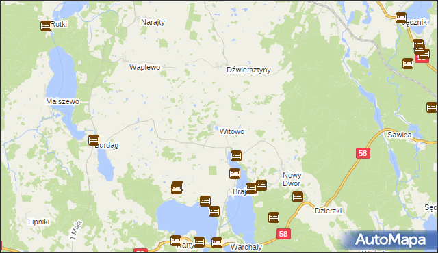 mapa Witowo gmina Jedwabno, Witowo gmina Jedwabno na mapie Targeo