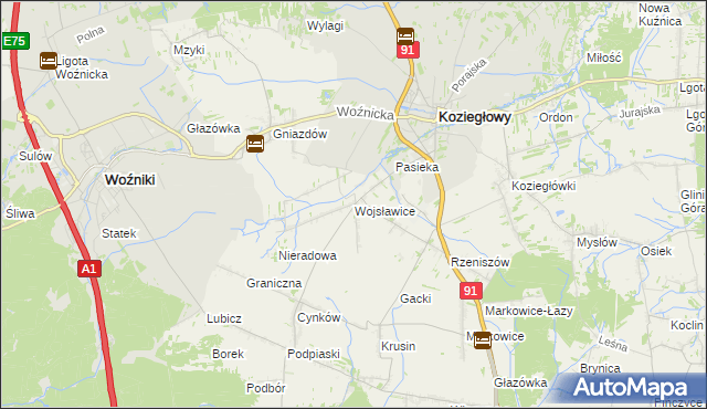 mapa Wojsławice gmina Koziegłowy, Wojsławice gmina Koziegłowy na mapie Targeo