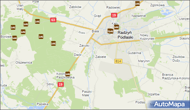 mapa Zabiele gmina Radzyń Podlaski, Zabiele gmina Radzyń Podlaski na mapie Targeo