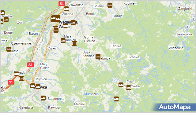mapa Żabnica gmina Węgierska Górka, Żabnica gmina Węgierska Górka na mapie Targeo