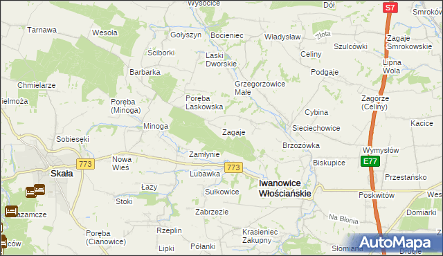 mapa Zagaje gmina Iwanowice, Zagaje gmina Iwanowice na mapie Targeo