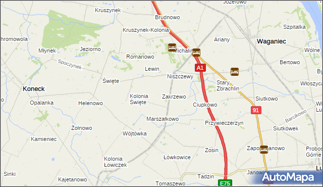 mapa Zakrzewo gmina Waganiec, Zakrzewo gmina Waganiec na mapie Targeo