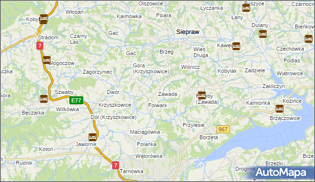 mapa Zawada gmina Myślenice, Zawada gmina Myślenice na mapie Targeo
