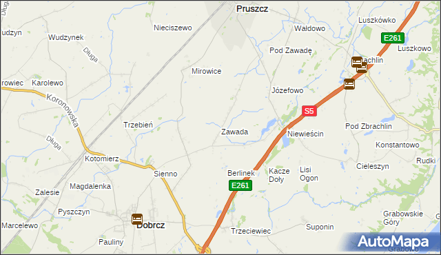 mapa Zawada gmina Pruszcz, Zawada gmina Pruszcz na mapie Targeo
