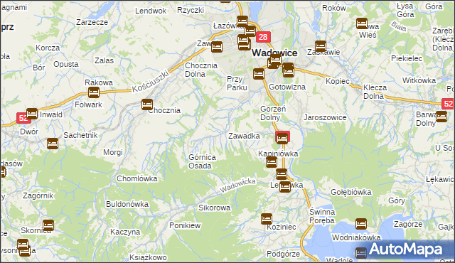 mapa Zawadka gmina Wadowice, Zawadka gmina Wadowice na mapie Targeo