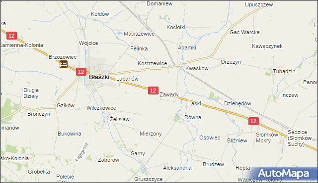 mapa Zawady gmina Błaszki, Zawady gmina Błaszki na mapie Targeo