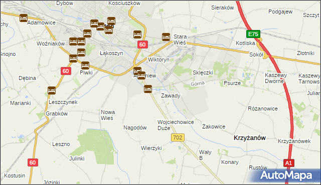 mapa Zawady gmina Krzyżanów, Zawady gmina Krzyżanów na mapie Targeo