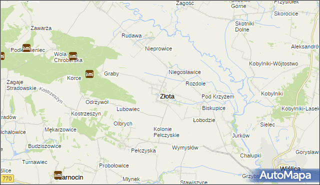 mapa Złota powiat pińczowski, Złota powiat pińczowski na mapie Targeo