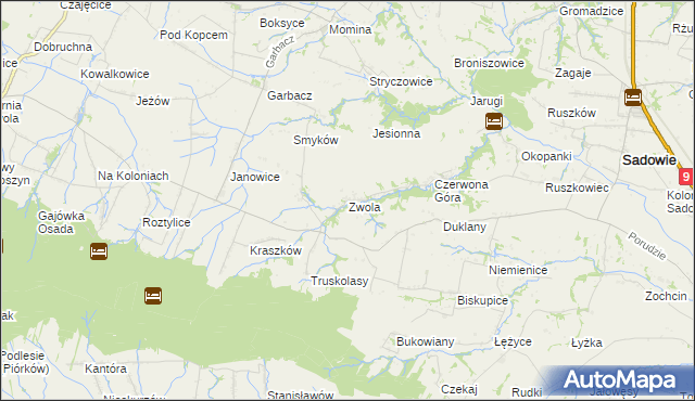mapa Zwola gmina Sadowie, Zwola gmina Sadowie na mapie Targeo