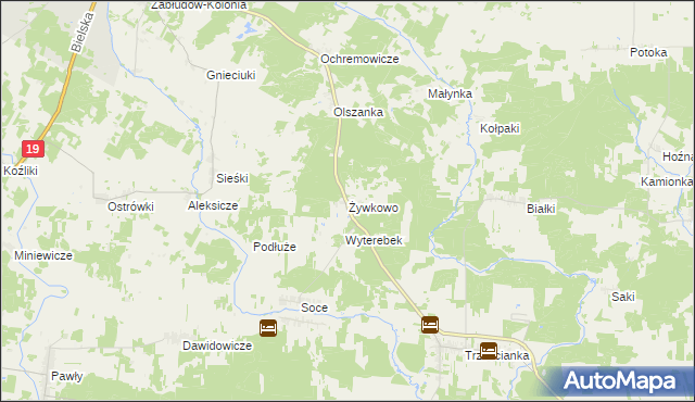 mapa Żywkowo gmina Zabłudów, Żywkowo gmina Zabłudów na mapie Targeo