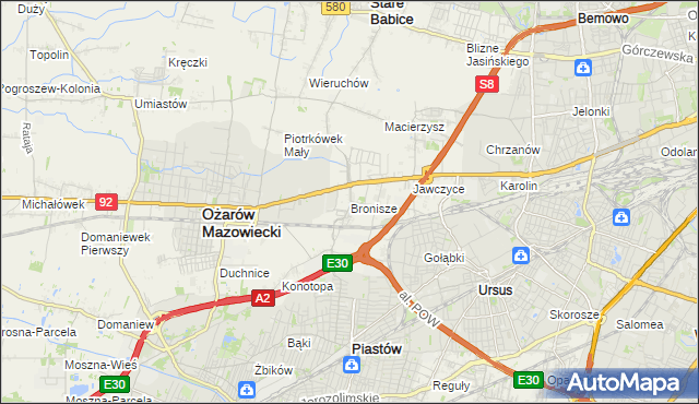 mapa Bronisze gmina Ożarów Mazowiecki, Bronisze gmina Ożarów Mazowiecki na mapie Targeo