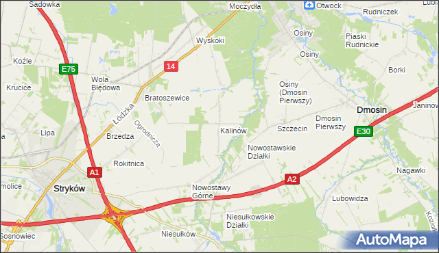 mapa Kalinów gmina Stryków, Kalinów gmina Stryków na mapie Targeo