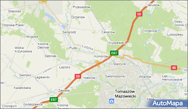 mapa Komorów gmina Tomaszów Mazowiecki, Komorów gmina Tomaszów Mazowiecki na mapie Targeo