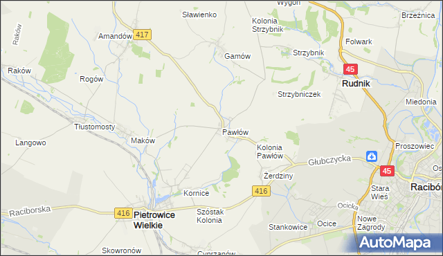 mapa Pawłów gmina Pietrowice Wielkie, Pawłów gmina Pietrowice Wielkie na mapie Targeo