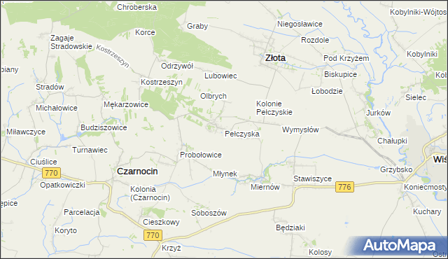 mapa Pełczyska gmina Złota, Pełczyska gmina Złota na mapie Targeo