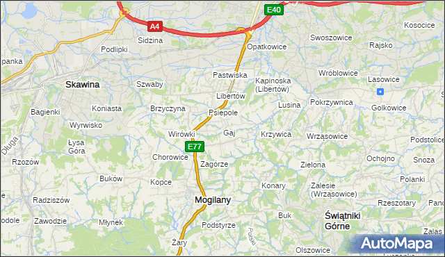 mapa Gaj gmina Mogilany, Gaj gmina Mogilany na mapie Targeo