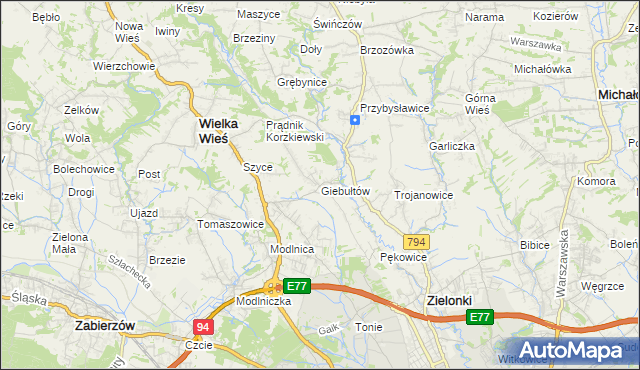 mapa Giebułtów gmina Wielka Wieś, Giebułtów gmina Wielka Wieś na mapie Targeo