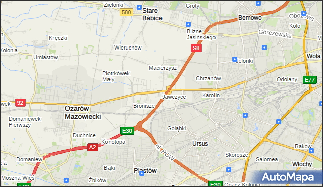 mapa Jawczyce gmina Ożarów Mazowiecki, Jawczyce gmina Ożarów Mazowiecki na mapie Targeo