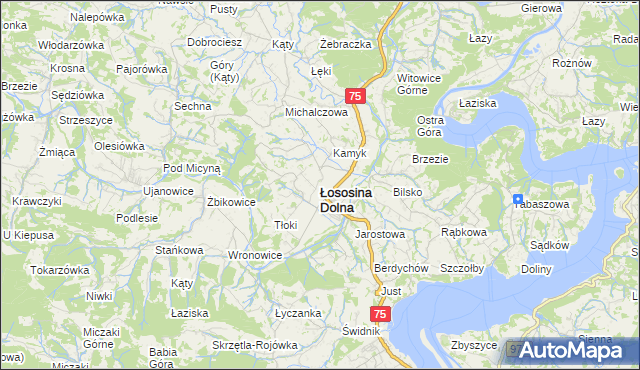 mapa Łososina Dolna, Łososina Dolna na mapie Targeo
