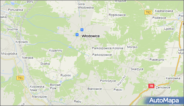 mapa Parkoszowice gmina Włodowice, Parkoszowice gmina Włodowice na mapie Targeo