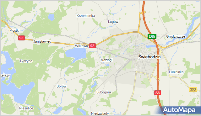 mapa Rozłogi gmina Świebodzin, Rozłogi gmina Świebodzin na mapie Targeo