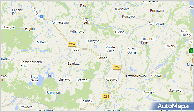 mapa Załęże gmina Przodkowo, Załęże gmina Przodkowo na mapie Targeo