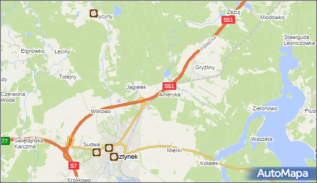 mapa Ameryka gmina Olsztynek, Ameryka gmina Olsztynek na mapie Targeo