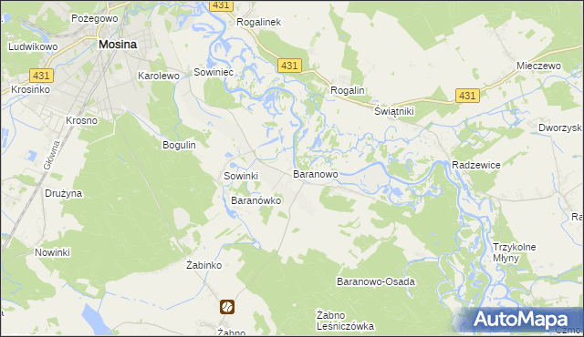 mapa Baranowo gmina Mosina, Baranowo gmina Mosina na mapie Targeo
