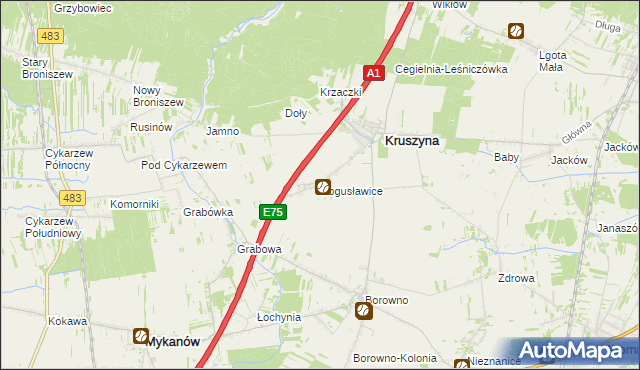mapa Bogusławice gmina Kruszyna, Bogusławice gmina Kruszyna na mapie Targeo