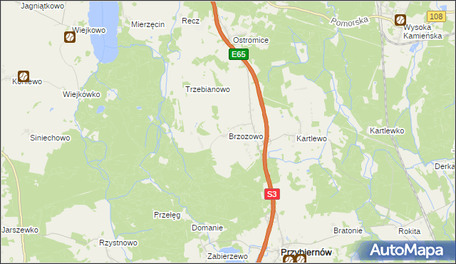 mapa Brzozowo gmina Przybiernów, Brzozowo gmina Przybiernów na mapie Targeo