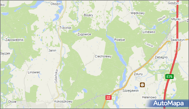 mapa Ciecholewy gmina Starogard Gdański, Ciecholewy gmina Starogard Gdański na mapie Targeo