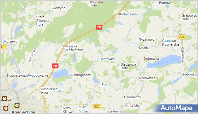 mapa Dąbrówka gmina Kościerzyna, Dąbrówka gmina Kościerzyna na mapie Targeo