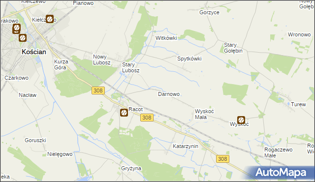 mapa Darnowo gmina Kościan, Darnowo gmina Kościan na mapie Targeo