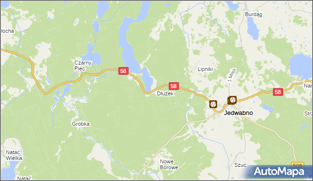 mapa Dłużek gmina Jedwabno, Dłużek gmina Jedwabno na mapie Targeo