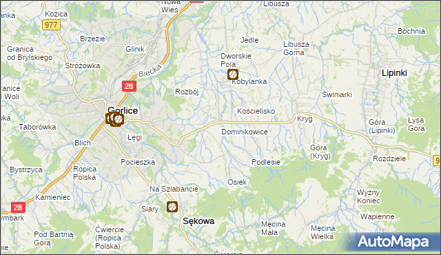 mapa Dominikowice gmina Gorlice, Dominikowice gmina Gorlice na mapie Targeo