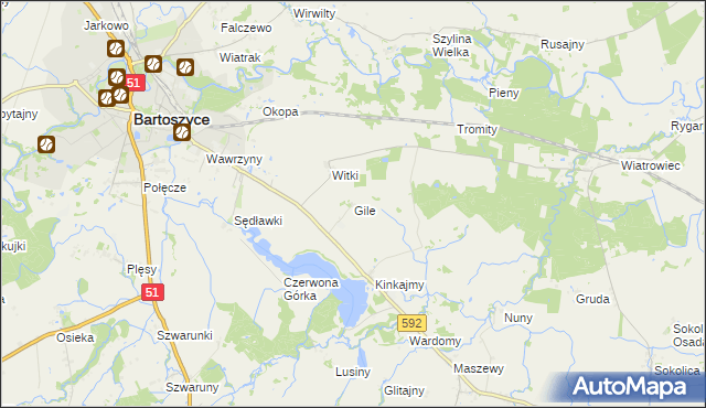 mapa Gile gmina Bartoszyce, Gile gmina Bartoszyce na mapie Targeo