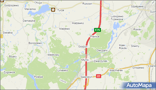 mapa Goszyn gmina Tczew, Goszyn gmina Tczew na mapie Targeo