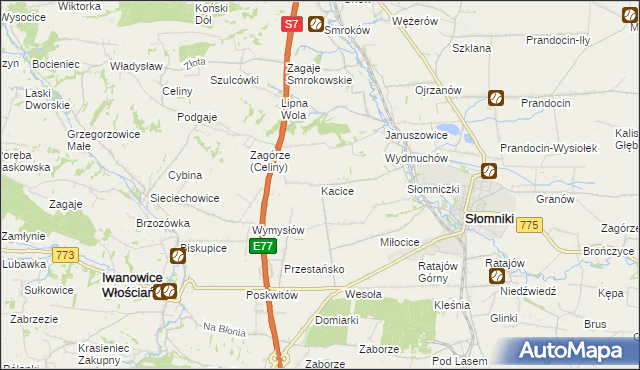 mapa Kacice gmina Słomniki, Kacice gmina Słomniki na mapie Targeo
