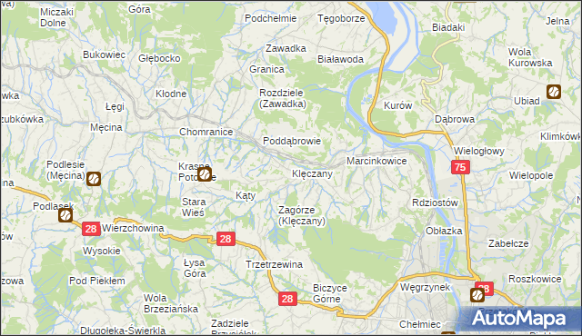 mapa Klęczany gmina Chełmiec, Klęczany gmina Chełmiec na mapie Targeo