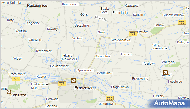 mapa Klimontów gmina Proszowice, Klimontów gmina Proszowice na mapie Targeo