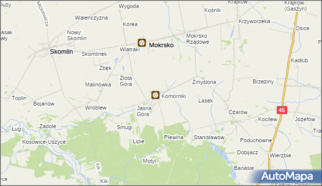 mapa Komorniki gmina Mokrsko, Komorniki gmina Mokrsko na mapie Targeo
