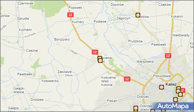 mapa Kościelna Wieś gmina Gołuchów, Kościelna Wieś gmina Gołuchów na mapie Targeo