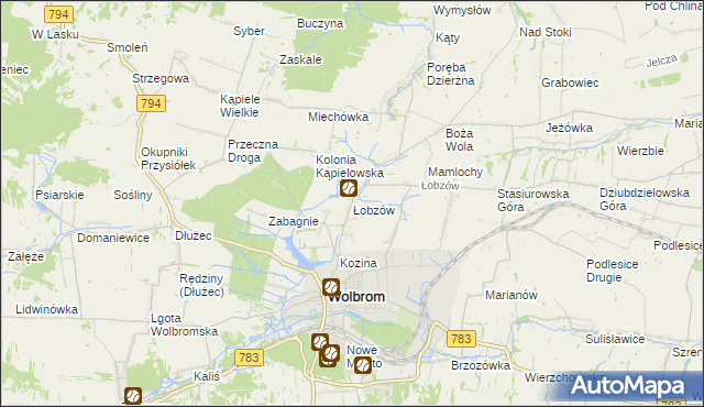 mapa Łobzów gmina Wolbrom, Łobzów gmina Wolbrom na mapie Targeo