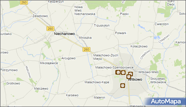 mapa Małachowo-Złych Miejsc, Małachowo-Złych Miejsc na mapie Targeo