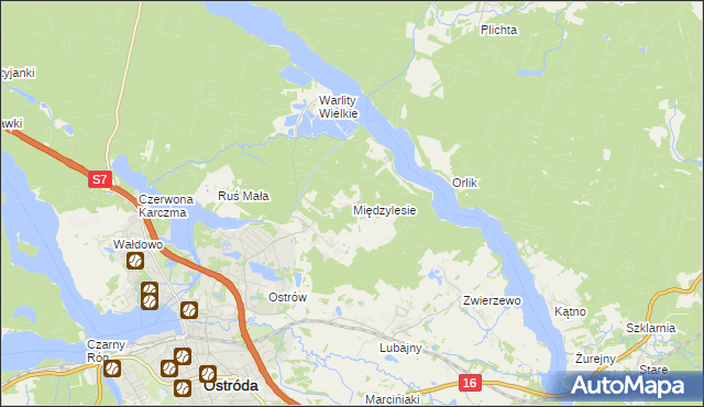 mapa Międzylesie gmina Ostróda, Międzylesie gmina Ostróda na mapie Targeo