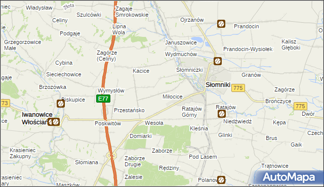 mapa Miłocice gmina Słomniki, Miłocice gmina Słomniki na mapie Targeo