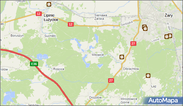 mapa Miłowice gmina Żary, Miłowice gmina Żary na mapie Targeo