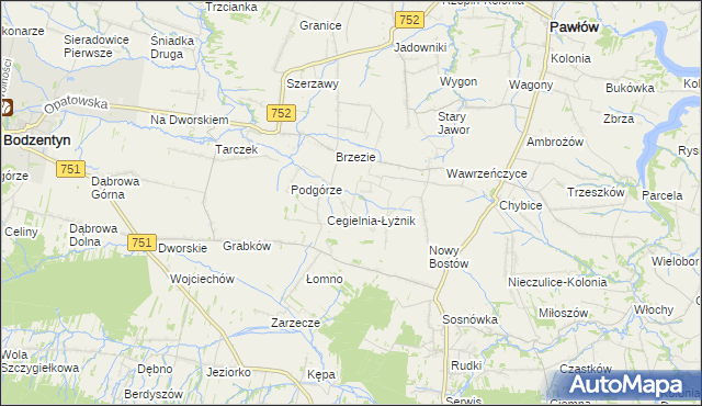 mapa Modrzewie gmina Pawłów, Modrzewie gmina Pawłów na mapie Targeo