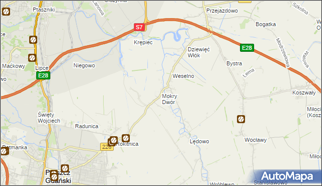 mapa Mokry Dwór gmina Pruszcz Gdański, Mokry Dwór gmina Pruszcz Gdański na mapie Targeo