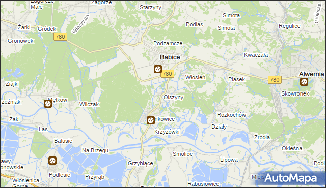 mapa Olszyny gmina Babice, Olszyny gmina Babice na mapie Targeo